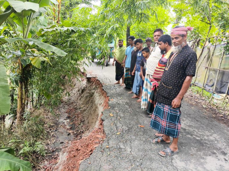 টুঙ্গিপাড়ায় বৃষ্টিতে সড়কের তিন স্থানে ভাঙন, ঝুঁকিতে শিক্ষার্থীসহ পথচারীরা