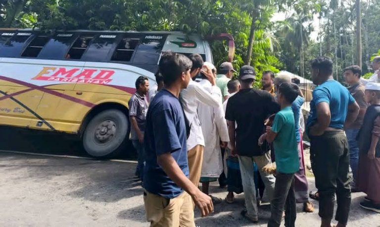পিরোজপুরের নাজিরপুরে দোলা পরিবহনের চাপে ইমাদ পরিবহনের বাস দুর্ঘটনার কবলে